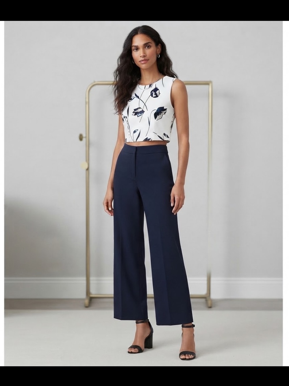 Zara White Cropped Floral Shell Top with Navy and Beige Accents
